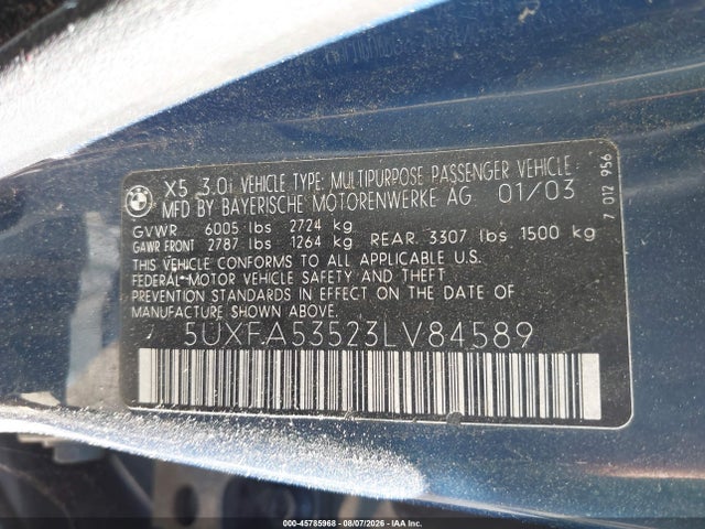 Продаж на аукціоні авто 2003 Bmw X5 3.0i, vin: 5UXFA53523LV84589, номер лоту: 45785968