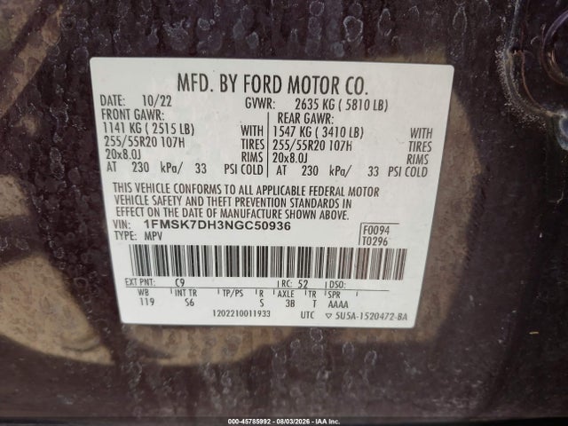 Продажа на аукционе авто 2022 Ford Explorer Xlt, vin: 1FMSK7DH3NGC50936, номер лота: 45785992
