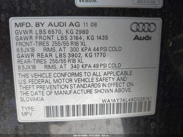 45785999 :رقم المزاد ، WA1AY74L49D029141 vin ، 2009 Audi Q7 3.6 5 Passenger مزاد بيع