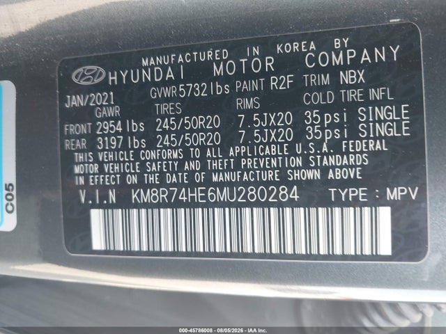 Продажа на аукционе авто 2021 Hyundai Palisade Calligraphy, vin: KM8R74HE6MU280284, номер лота: 45786008