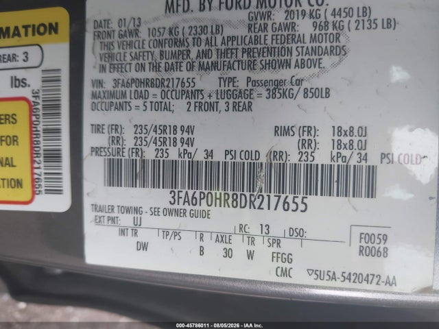 Продажа на аукционе авто 2013 Ford Fusion Se, vin: 3FA6P0HR8DR217655, номер лота: 45786011