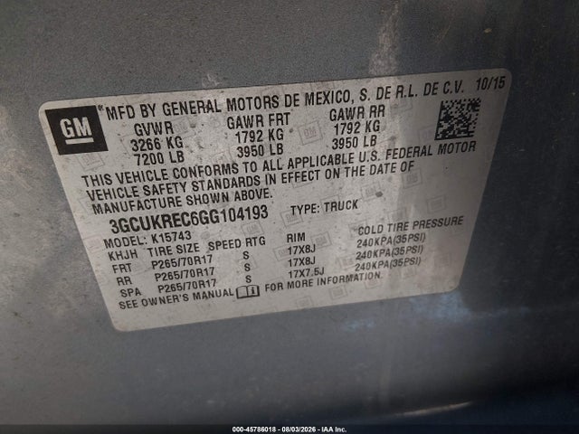 Chevrolet Silverado 1500 Lt 2016 3GCUKREC6GG104193 Image 9
