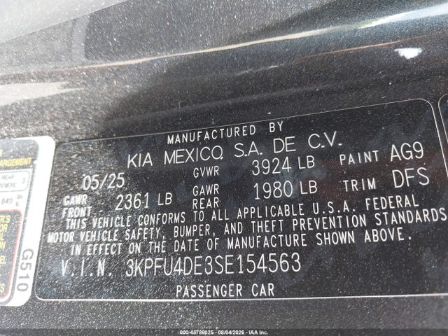 45786025 :رقم المزاد ، 3KPFU4DE3SE154563 vin ، 2025 Kia K4 Ex مزاد بيع