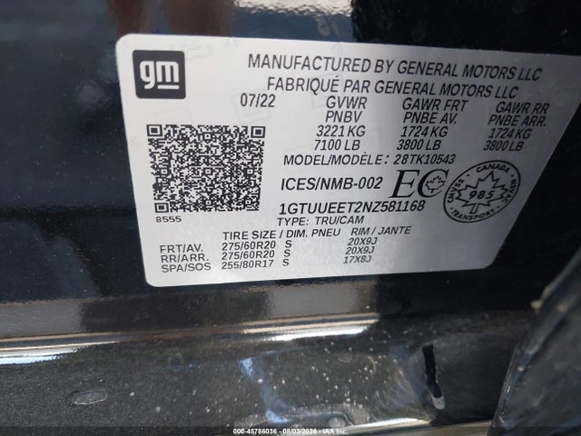 Aukcja sprzedaży 2022 Gmc Sierra 1500 At4, vin: 1GTUUEET2NZ581168, numer aukcji: 45786036