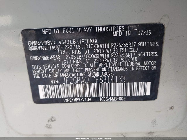 45786039 :رقم المزاد ، JF2GPACC7F8314133 vin ، 2015 Subaru Xv Crosstrek 2.0i Premium مزاد بيع
