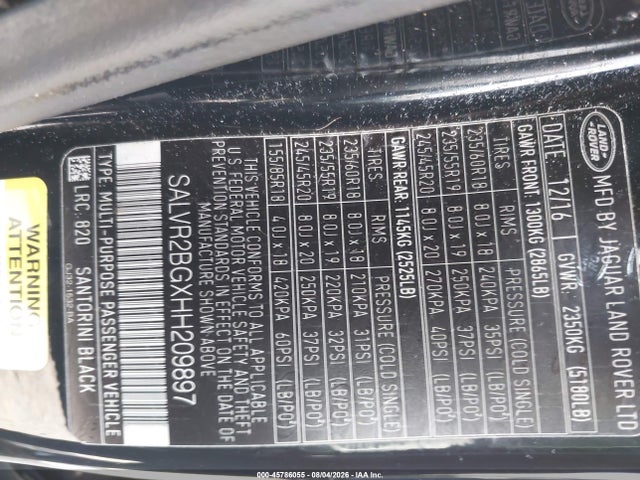 Продаж на аукціоні авто 2017 Land Rover Range Rover Evoque Hse, vin: SALVR2BGXHH209897, номер лоту: 45786055