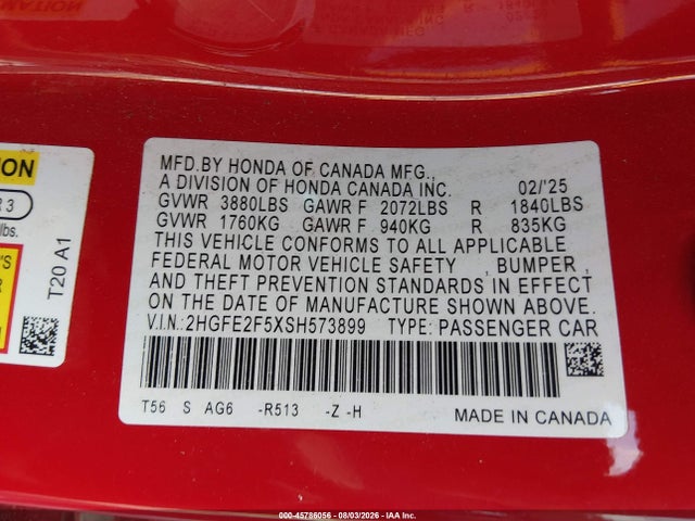 45786056 :رقم المزاد ، 2HGFE2F5XSH573899 vin ، 2025 Honda Civic Sport مزاد بيع