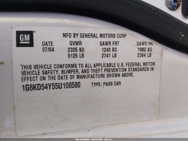 45786063 :رقم المزاد ، 1G6KD54Y55U108580 vin ، 2005 Cadillac Deville Livery Pkg مزاد بيع