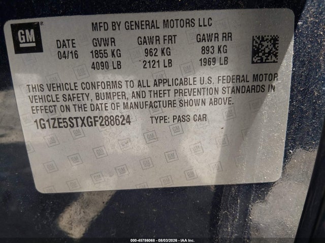 2016 Chevrolet Malibu 1lt მანქანა იყიდება აუქციონზე, vin: 1G1ZE5STXGF288624, აუქციონის ნომერი: 45786068