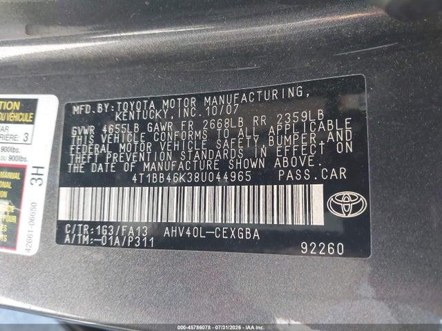 Продажа на аукционе авто 2008 Toyota Camry Hybrid, vin: 4T1BB46K38U044965, номер лота: 45786078