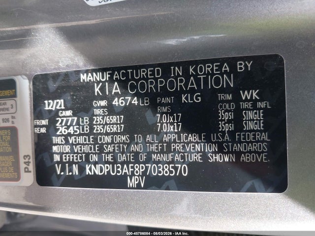 45786084 :رقم المزاد ، KNDPU3AF8P7038570 vin ، 2023 Kia Sportage Lx مزاد بيع
