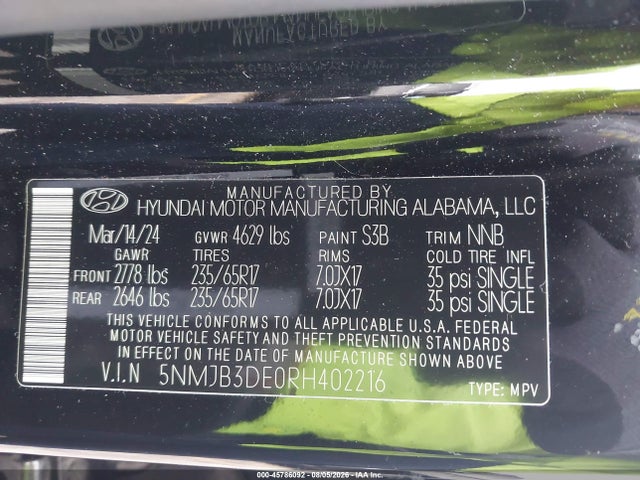 Aukcja sprzedaży 2024 Hyundai Tucson Sel, vin: 5NMJB3DE0RH402216, numer aukcji: 45786092