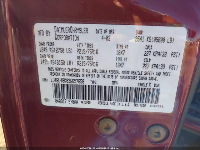 Продаж на аукціоні авто 2003 Jeep Liberty Sport, vin: 1J4GL48K83W657658, номер лоту: 45786118