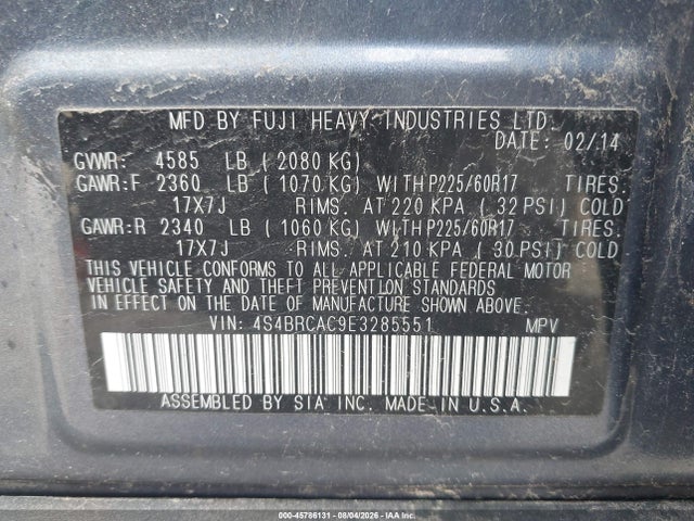 45786131 :رقم المزاد ، 4S4BRCAC9E3285551 vin ، 2014 Subaru Outback 2.5i مزاد بيع