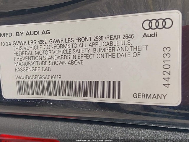 45786132 :رقم المزاد ، WAUDACF59SA010118 vin ، 2025 Audi A5 Sportback Premium 45 Tfsi S Line Quattro S Tronic مزاد بيع