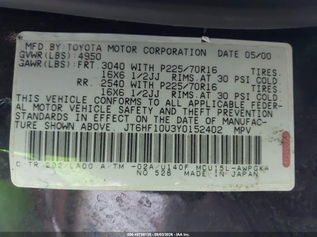 Продаж на аукціоні авто 2000 Lexus Rx 300, vin: JT6HF10U3Y0152402, номер лоту: 45786135