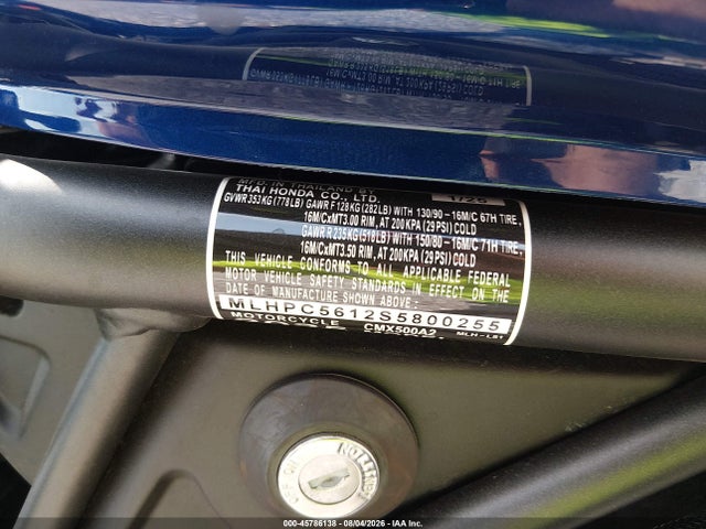 2025 Honda Cmx500 A2 მანქანა იყიდება აუქციონზე, vin: MLHPC5612S5800255, აუქციონის ნომერი: 45786138