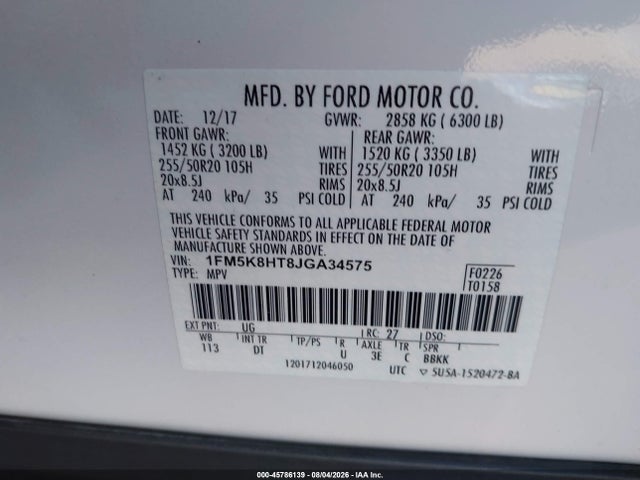 Aukcja sprzedaży 2018 Ford Explorer Platinum, vin: 1FM5K8HT8JGA34575, numer aukcji: 45786139