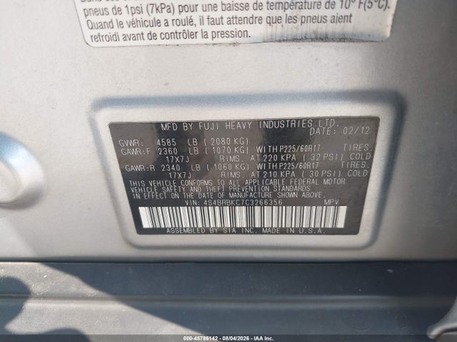 Aukcja sprzedaży 2012 Subaru Outback 2.5i Limited, vin: 4S4BRBKC7C3266356, numer aukcji: 45786142
