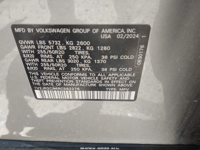45786144 :رقم المزاد ، 1V2JR2CA4RC562276 vin ، 2024 Volkswagen Atlas 2.0t Se W/technology مزاد بيع