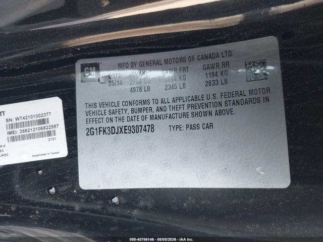 45786146 :رقم المزاد ، 2G1FK3DJXE9307478 vin ، 2014 Chevrolet Camaro 2ss مزاد بيع
