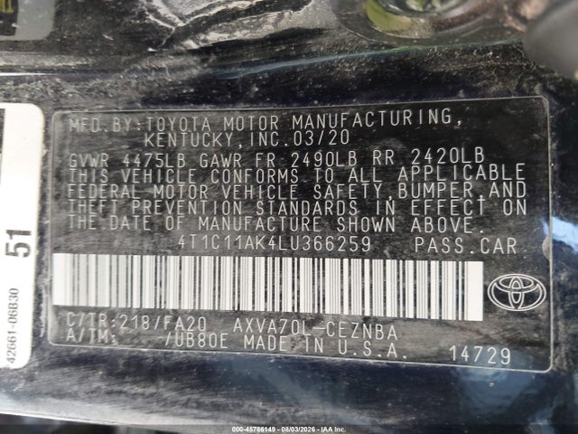 Продаж на аукціоні авто 2020 Toyota Camry Le, vin: 4T1C11AK4LU366259, номер лоту: 45786149