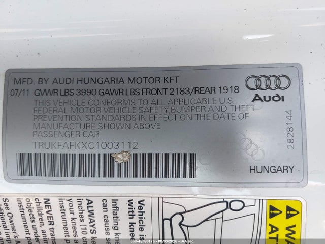 Продаж на аукціоні авто 2012 Audi Tt 2.0t Prestige, vin: TRUKFAFKXC1003112, номер лоту: 45786176