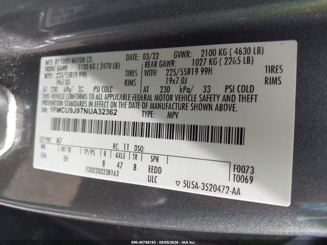 Продажа на аукционе авто 2022 Ford Escape Titanium, vin: 1FMCU9J97NUA32362, номер лота: 45786183