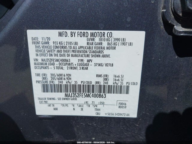 2021 Ford Ecosport S მანქანა იყიდება აუქციონზე, vin: MAJ3S2FE5MC400863, აუქციონის ნომერი: 45786188
