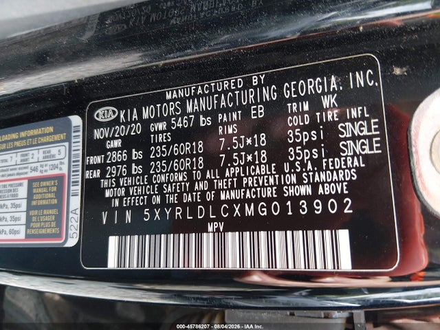 Aukcja sprzedaży 2021 Kia Sorento S, vin: 5XYRLDLCXMG013902, numer aukcji: 45786207
