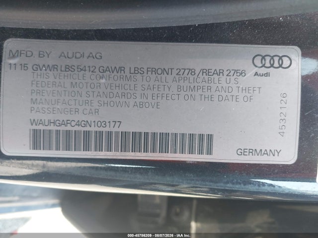 45786209 :رقم المزاد ، WAUHGAFC4GN103177 vin ، 2016 Audi A6 3.0t Prestige مزاد بيع
