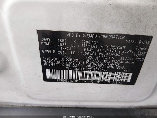 2019 Subaru Outback 3.6r Touring მანქანა იყიდება აუქციონზე, vin: 4S4BSETC3K3287529, აუქციონის ნომერი: 45786218
