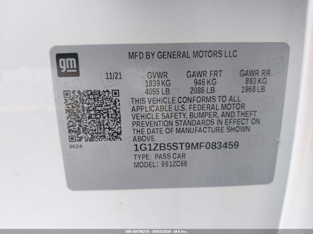 45786219 :رقم المزاد ، 1G1ZB5ST9MF083459 vin ، 2021 Chevrolet Malibu Fwd Ls مزاد بيع