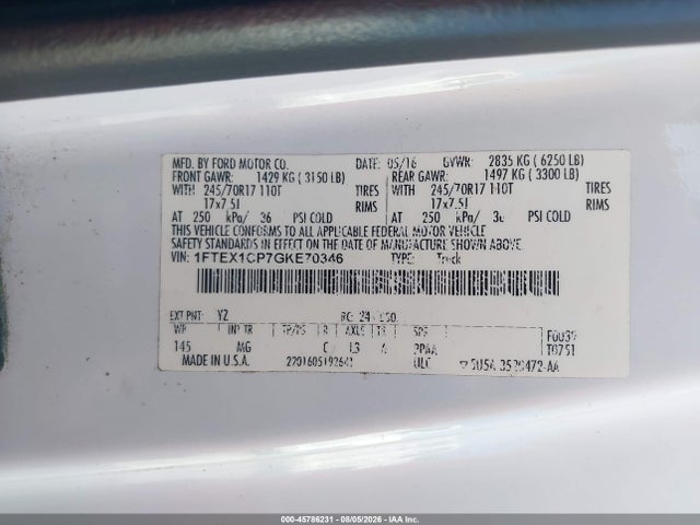 45786231 :رقم المزاد ، 1FTEX1CP7GKE70346 vin ، 2016 Ford F-150 Xlt مزاد بيع