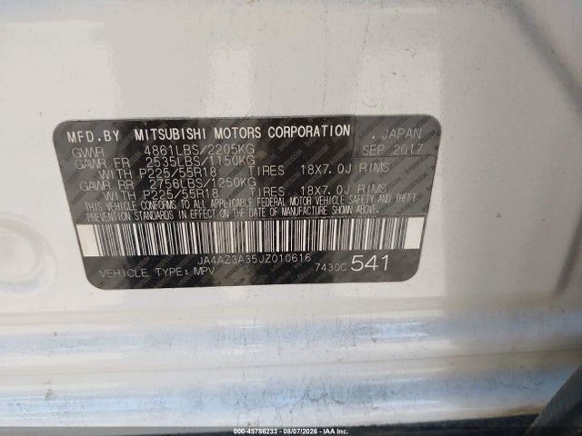 2018 Mitsubishi Outlander Es/le/se/sel მანქანა იყიდება აუქციონზე, vin: JA4AZ3A35JZ010616, აუქციონის ნომერი: 45786233