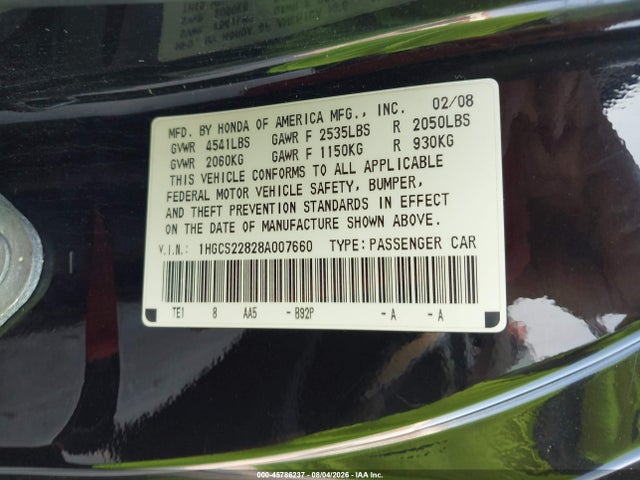 45786237 :رقم المزاد ، 1HGCS22828A007660 vin ، 2008 Honda Accord 3.5 Ex-l مزاد بيع