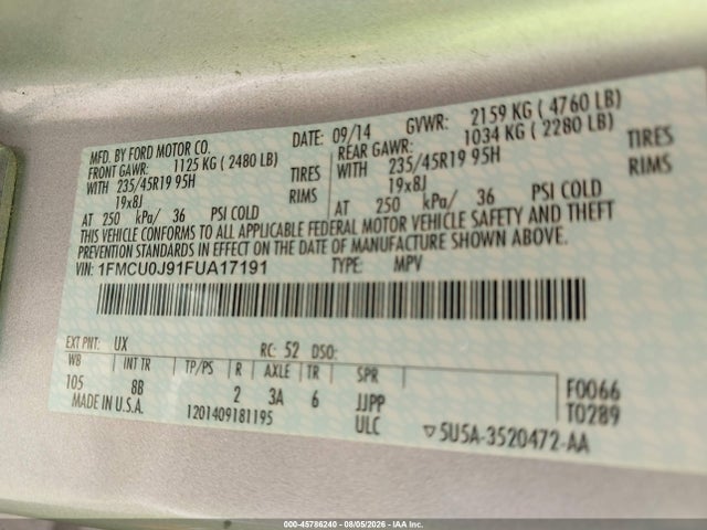 45786240 :رقم المزاد ، 1FMCU0J91FUA17191 vin ، 2015 Ford Escape Titanium مزاد بيع