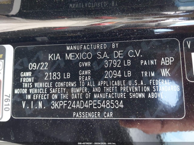 45786261 :رقم المزاد ، 3KPF24AD4PE548534 vin ، 2023 Kia Forte Lxs مزاد بيع