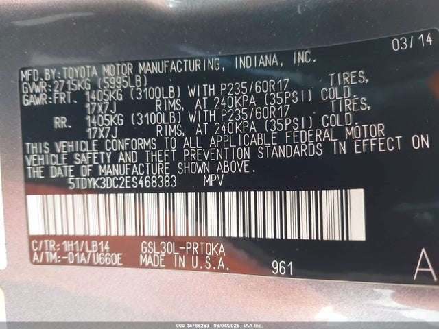 5TDYK3DC2ES468383 Toyota Sienna Xle V6 8 Passenger