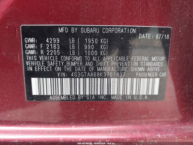 Продаж на аукціоні авто 2019 Subaru Impreza 2.0i, vin: 4S3GTAA68K3701837, номер лоту: 45786266