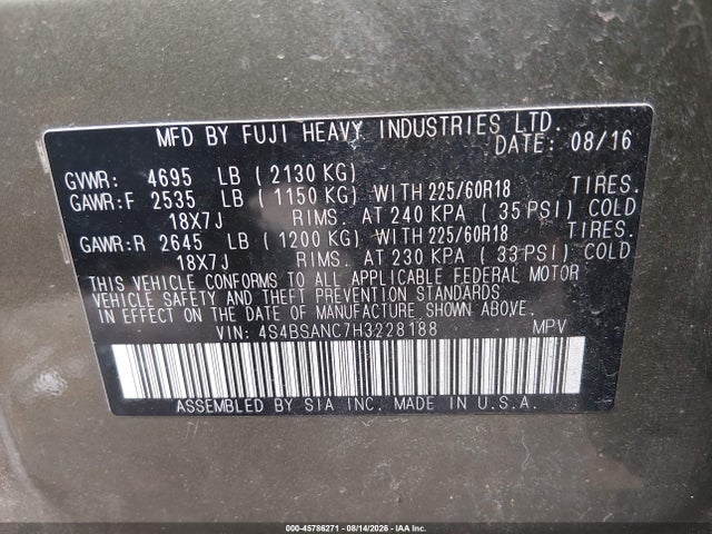 Продаж на аукціоні авто 2017 Subaru Outback 2.5i Limited, vin: 4S4BSANC7H3228188, номер лоту: 45786271