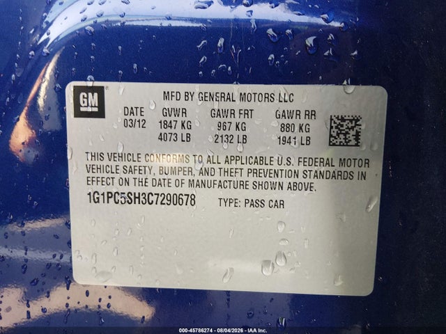 Продаж на аукціоні авто 2012 Chevrolet Cruze Ls, vin: 1G1PC5SH3C7290678, номер лоту: 45786274