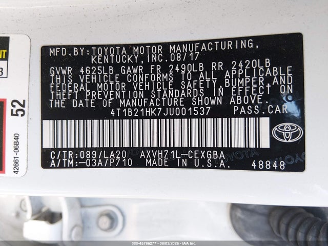 Продажа на аукционе авто 2018 Toyota Camry Hybrid Xle, vin: 4T1B21HK7JU001537, номер лота: 45786277