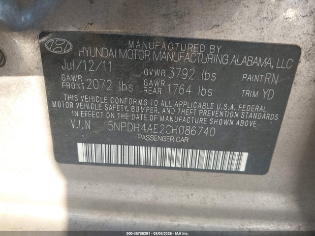 Продаж на аукціоні авто 2012 Hyundai Elantra Gls, vin: 5NPDH4AE2CH086740, номер лоту: 45786281