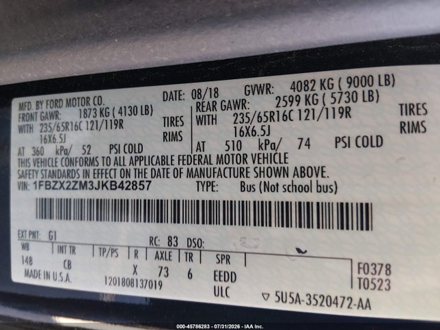 1FBZX2ZM3JKB42857 Ford Transit-350 Xl