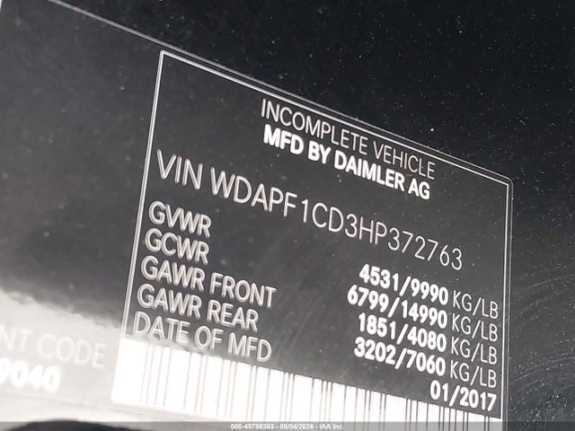 Продажа на аукционе авто 2017 Mercedes-benz Sprinter 3500 High Roof V6, vin: WDAPF1CD3HP372763, номер лота: 45786303