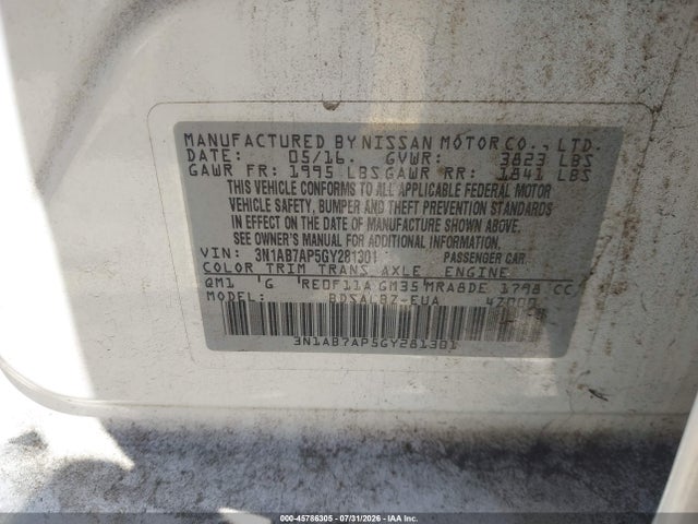 3N1AB7AP5GY281301 Nissan Sentra Fe+ S/s/sl/sr/sv