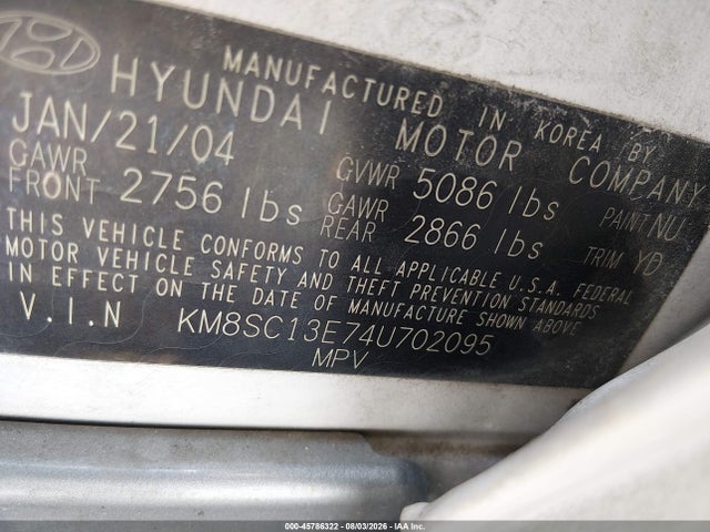 45786322 :رقم المزاد ، KM8SC13E74U702095 vin ، 2004 Hyundai Santa Fe Gls/lx مزاد بيع