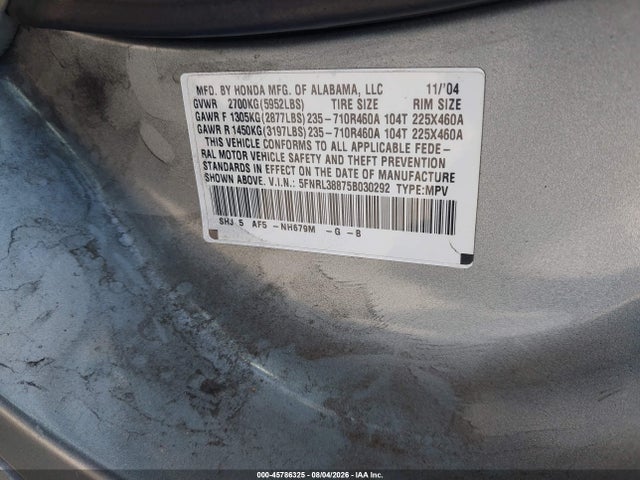 Aukcja sprzedaży 2005 Honda Odyssey Touring, vin: 5FNRL38875B030292, numer aukcji: 45786325