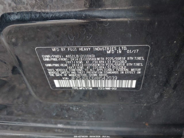 2017 Subaru Forester 2.0xt Premium მანქანა იყიდება აუქციონზე, vin: JF2SJGEC6HH542039, აუქციონის ნომერი: 45786359